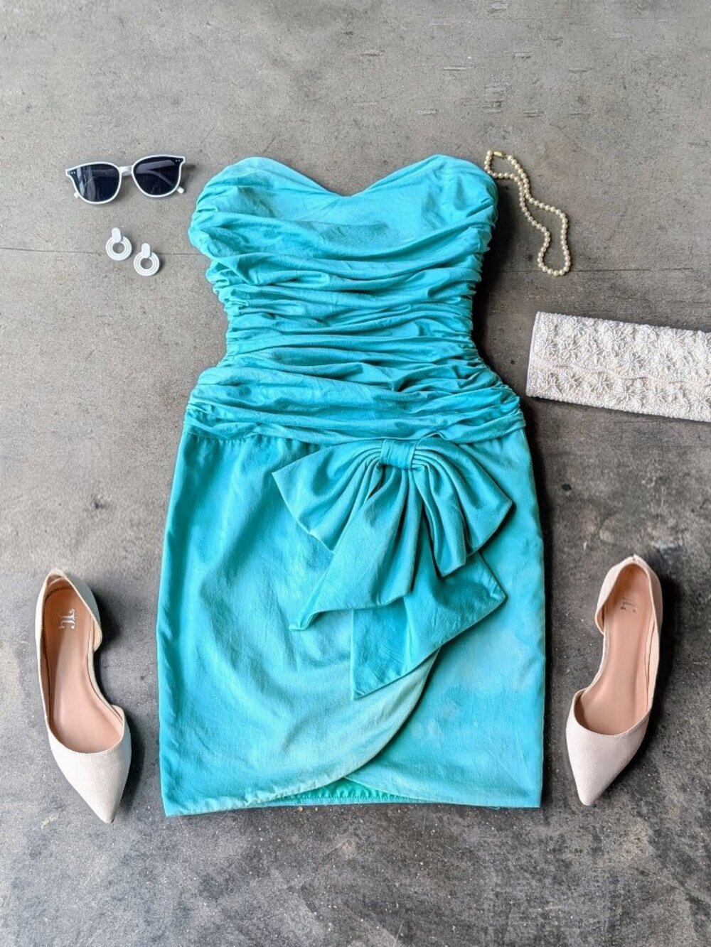 Vintage Christian Dior Teal Strapless Sweetheart Ruched Bow Mini Cocktail Dress